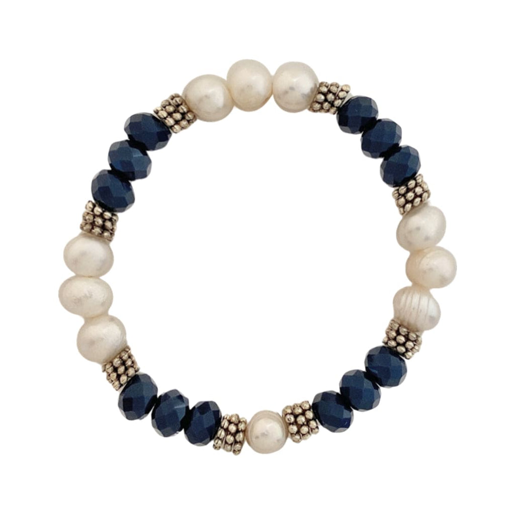 Blue Glass Beads Bracelet w/ Freshwater Pearls & Silver Plated Details