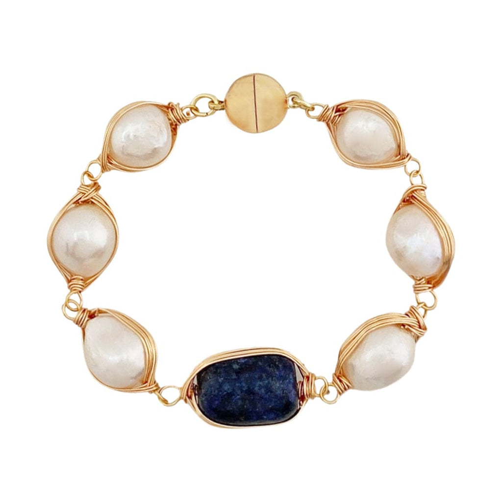 Golden Bracelet w/ Freshwater Pearls & Lapis Lazuli