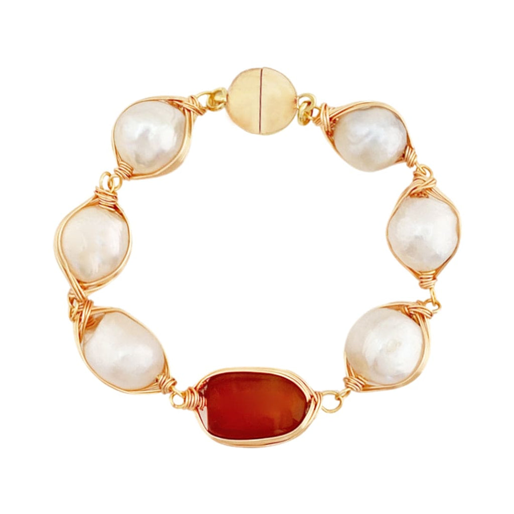 Golden Bracelet w/ Freshwater Pearls & Brown Agate