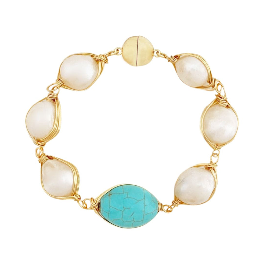 Golden Bracelet w/ Freshwater Pearls & Blue Agate