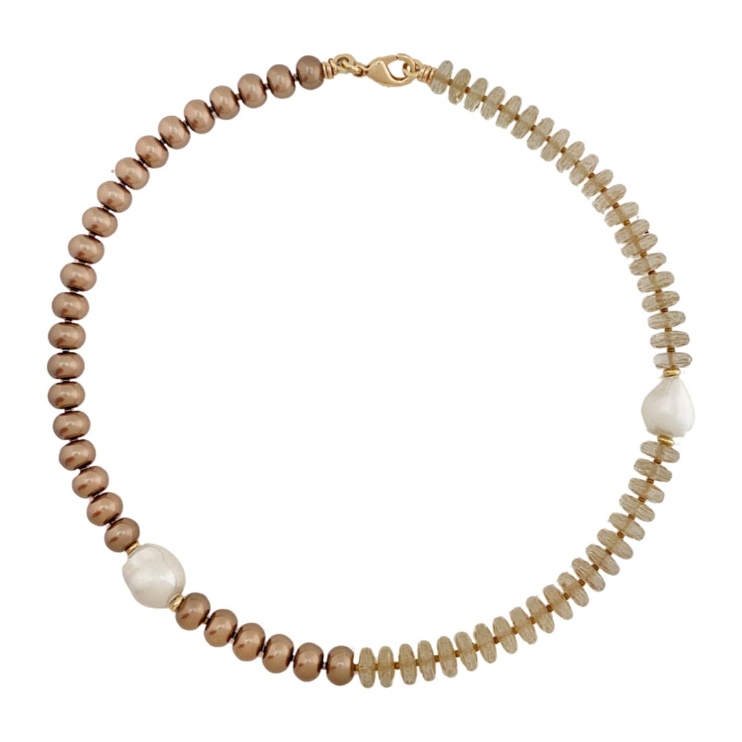 Czech Beads Necklace w/ Brown Glass Pearls Cooper Fittings