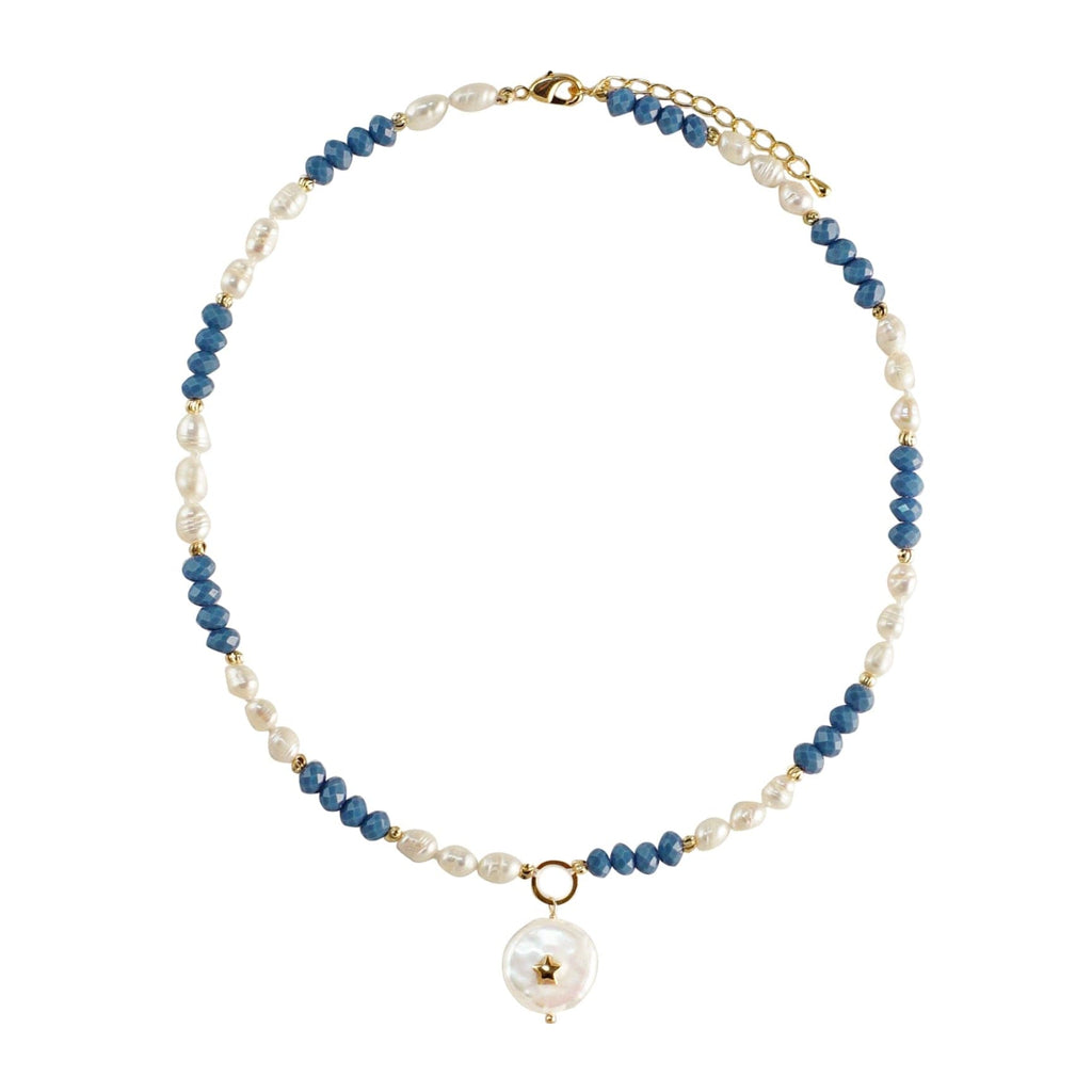 Golden Necklace w/ Blue Glass Crystals & Freshwater Pearls