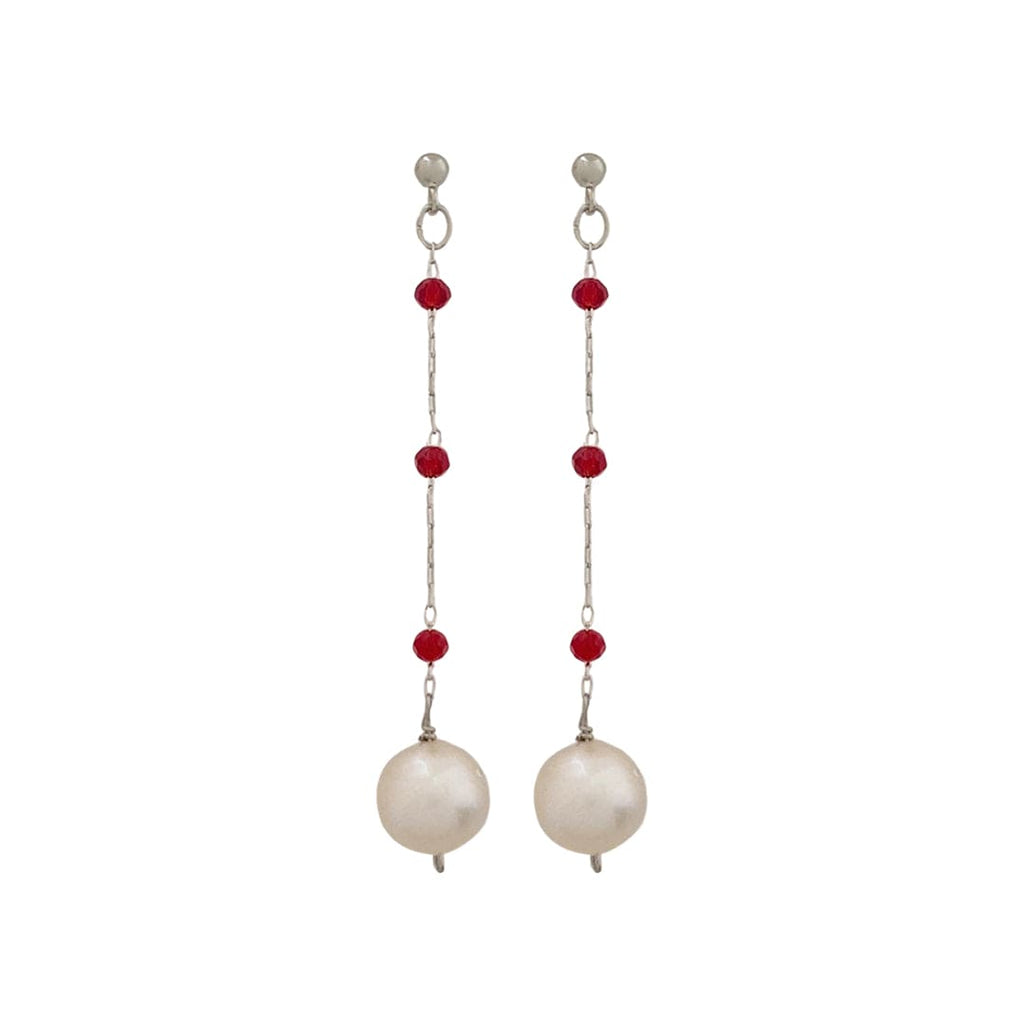 A pair of silver-plated chain earrings with red beads and a cultured pearl at the bottom.