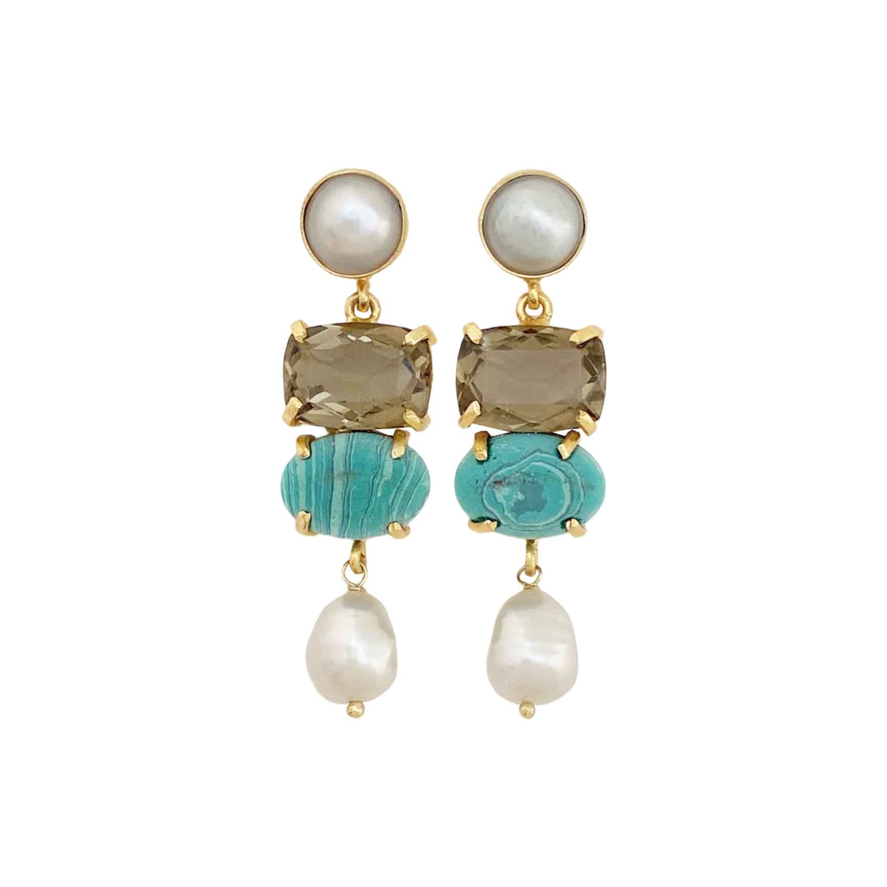 Gold Plated Earrings w/ Green Chalcedony pearl hydro Stones