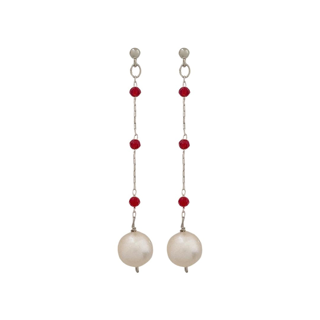 Silver Plated Chain Earrings w/ Red Beads & Cultured Pearl