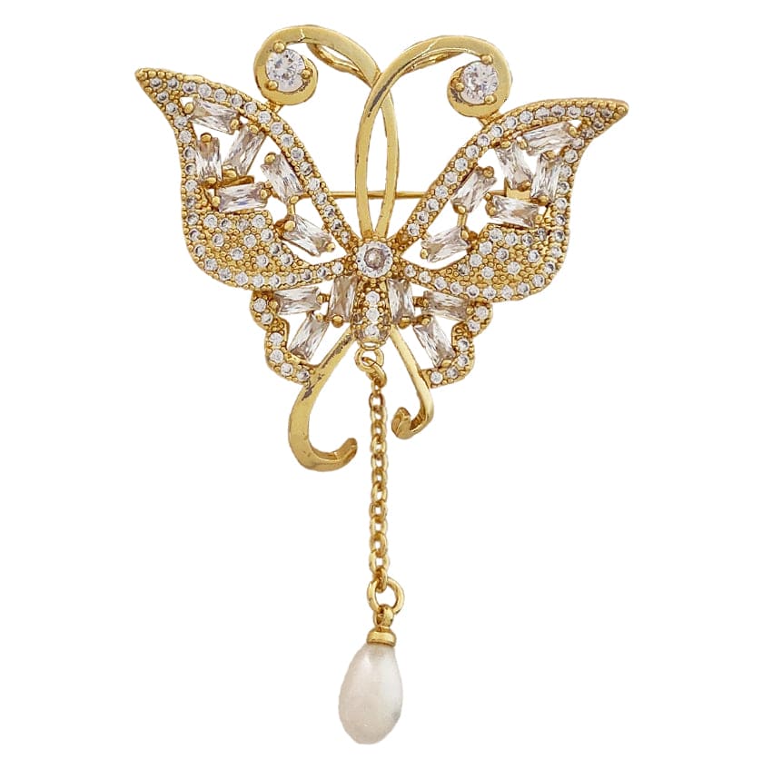 Golden Butterfly Brooch w/ Crystals & Cultured Pearl