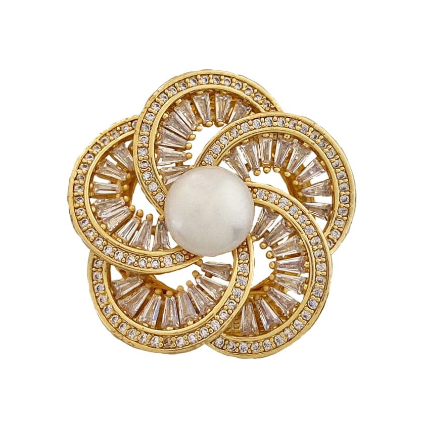 Flower Golden Brooch w/ Crystals & Cultured Pearl
