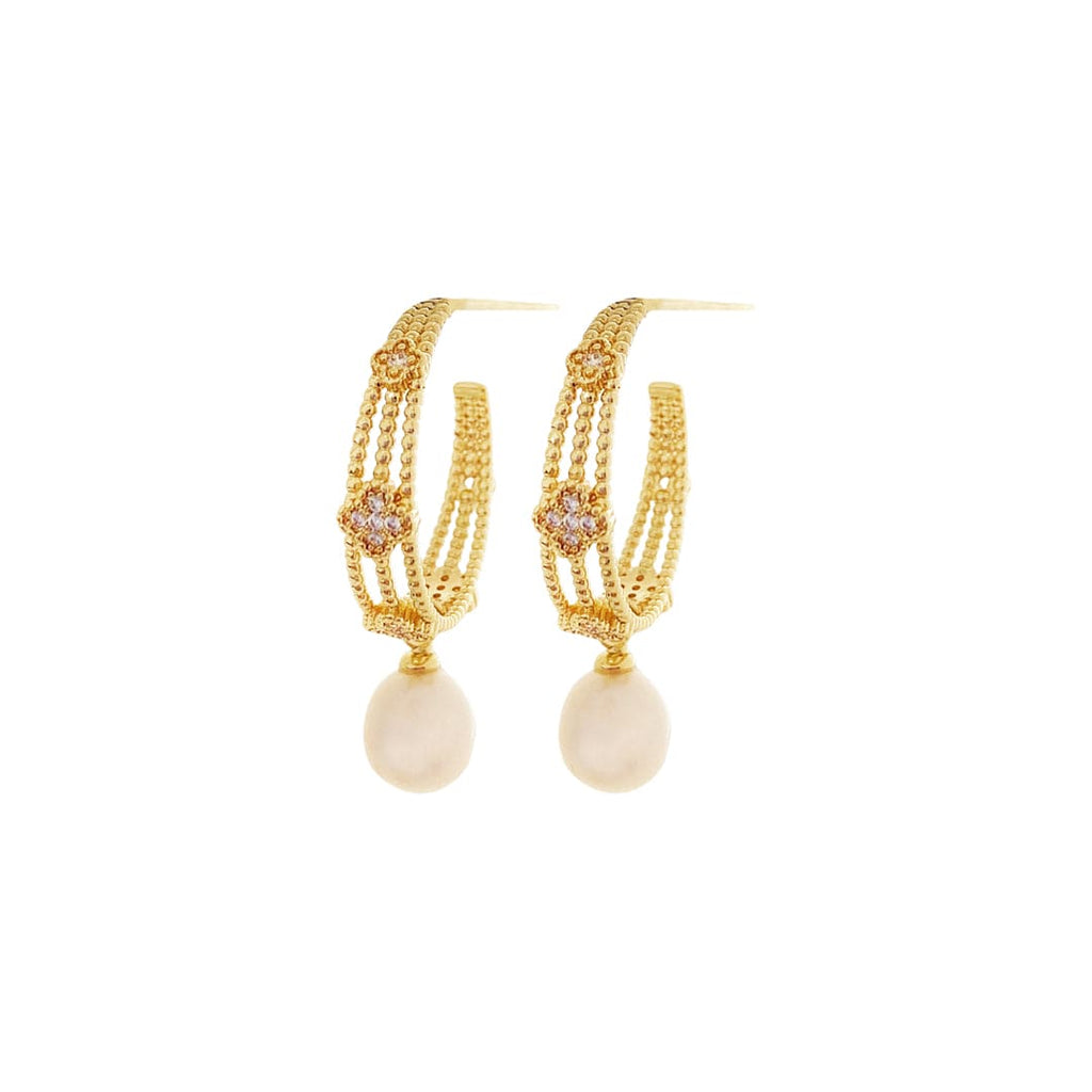 Hoop Golden Earrings w/ Crystals & Cultured Pearls