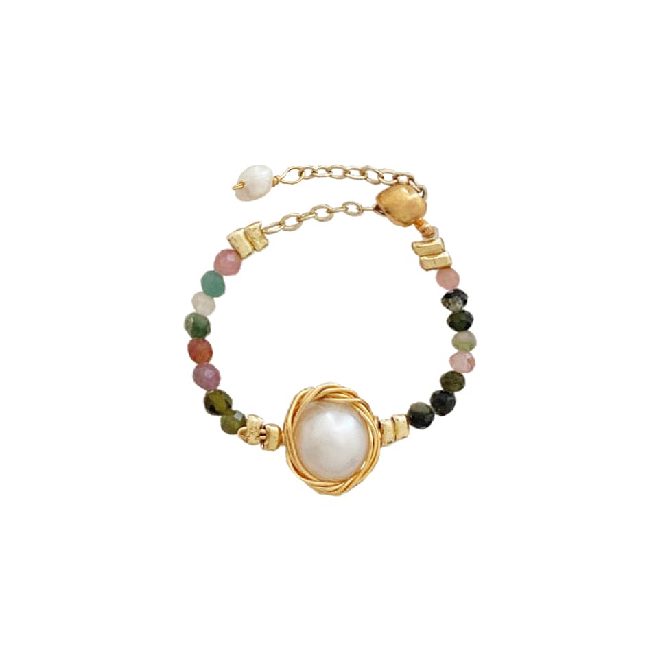 Golden Ring w/ Glass Beads & Mother of Pearl