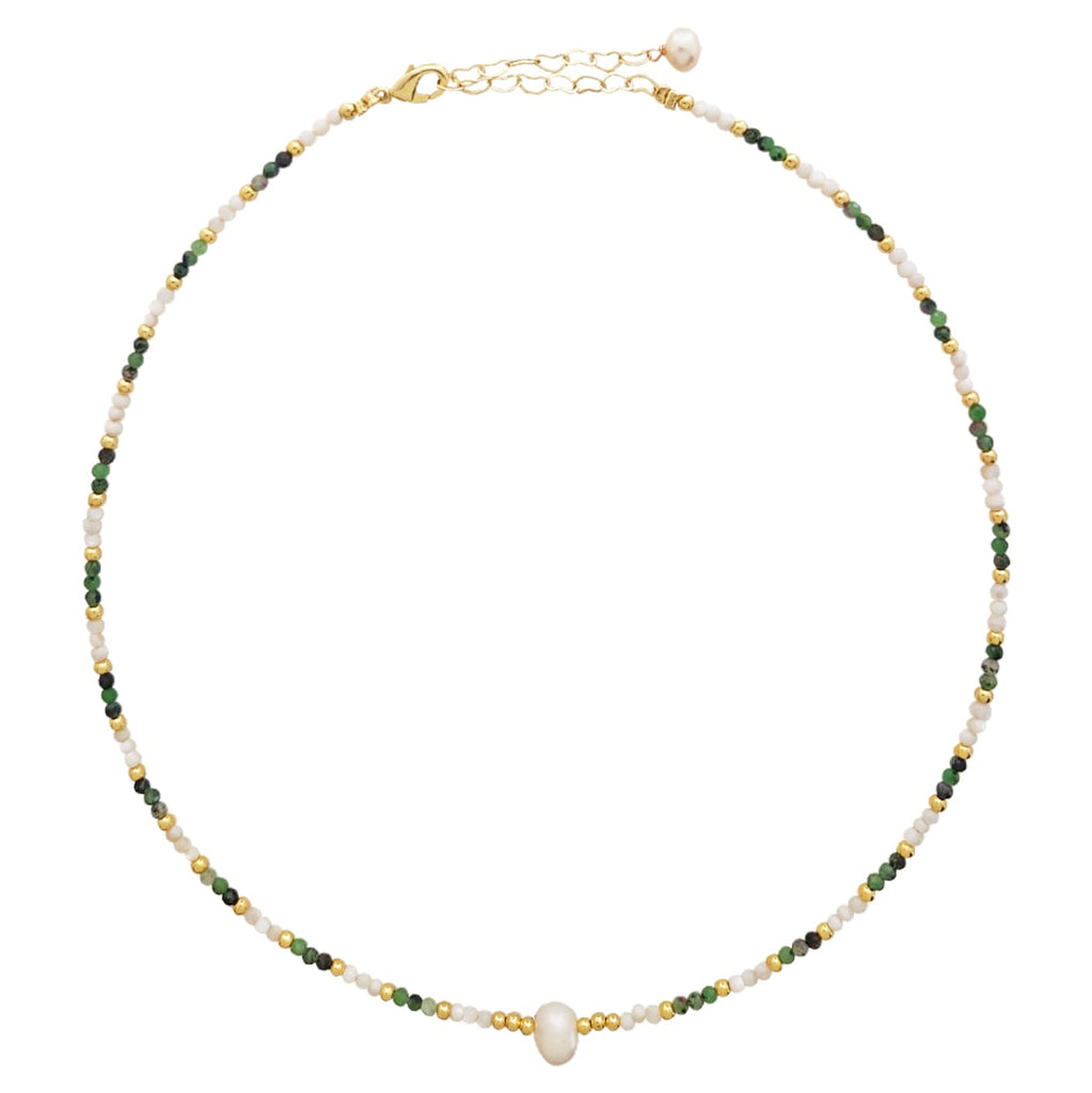 White & Green Beads Necklace w/ Baroque Pearl & Golden Details