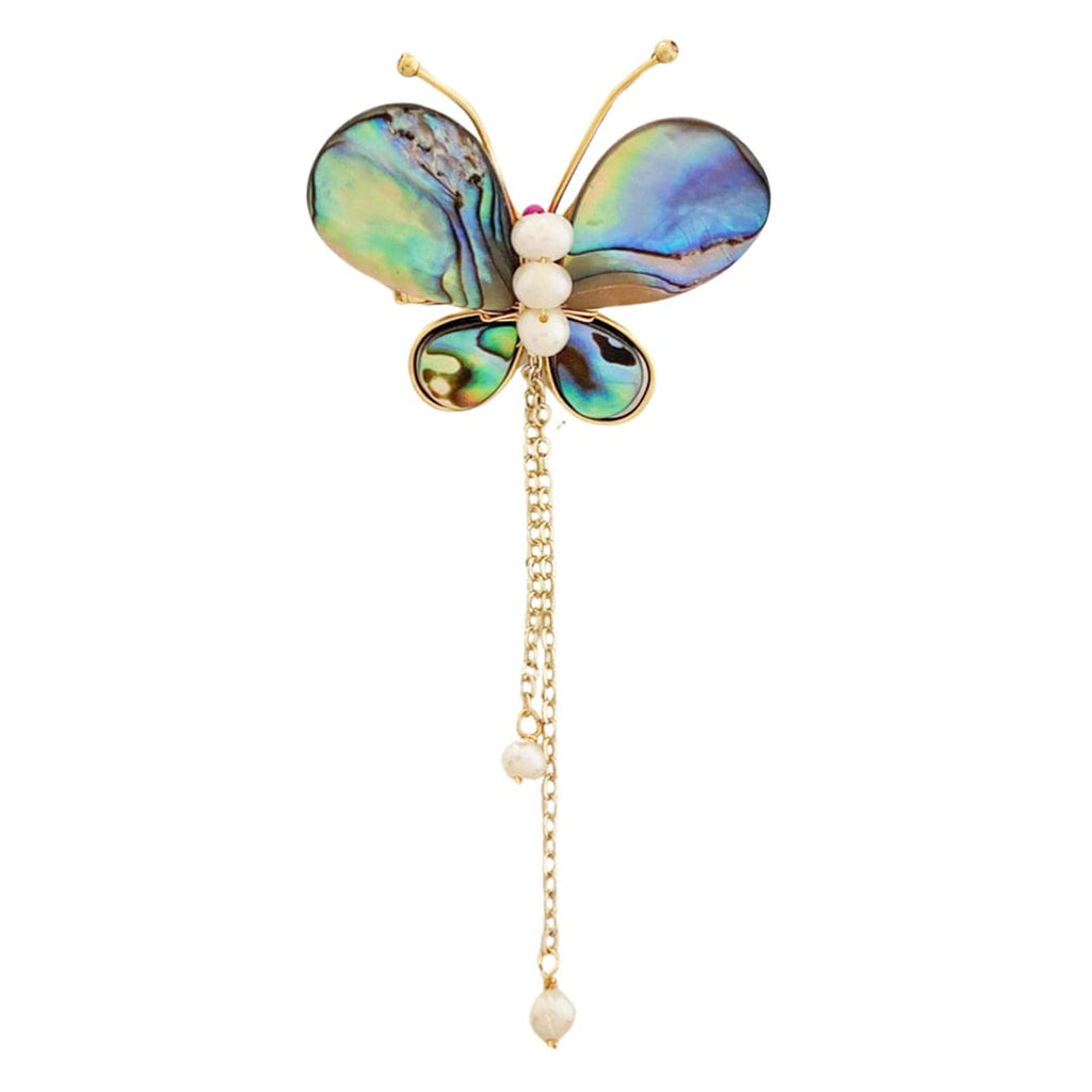 Abalone Shell Butterfly Brooch w/ Baroque Pearl & Chain