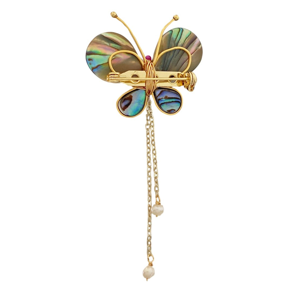 Abalone Shell Butterfly Brooch w/ Baroque Pearl & Chain