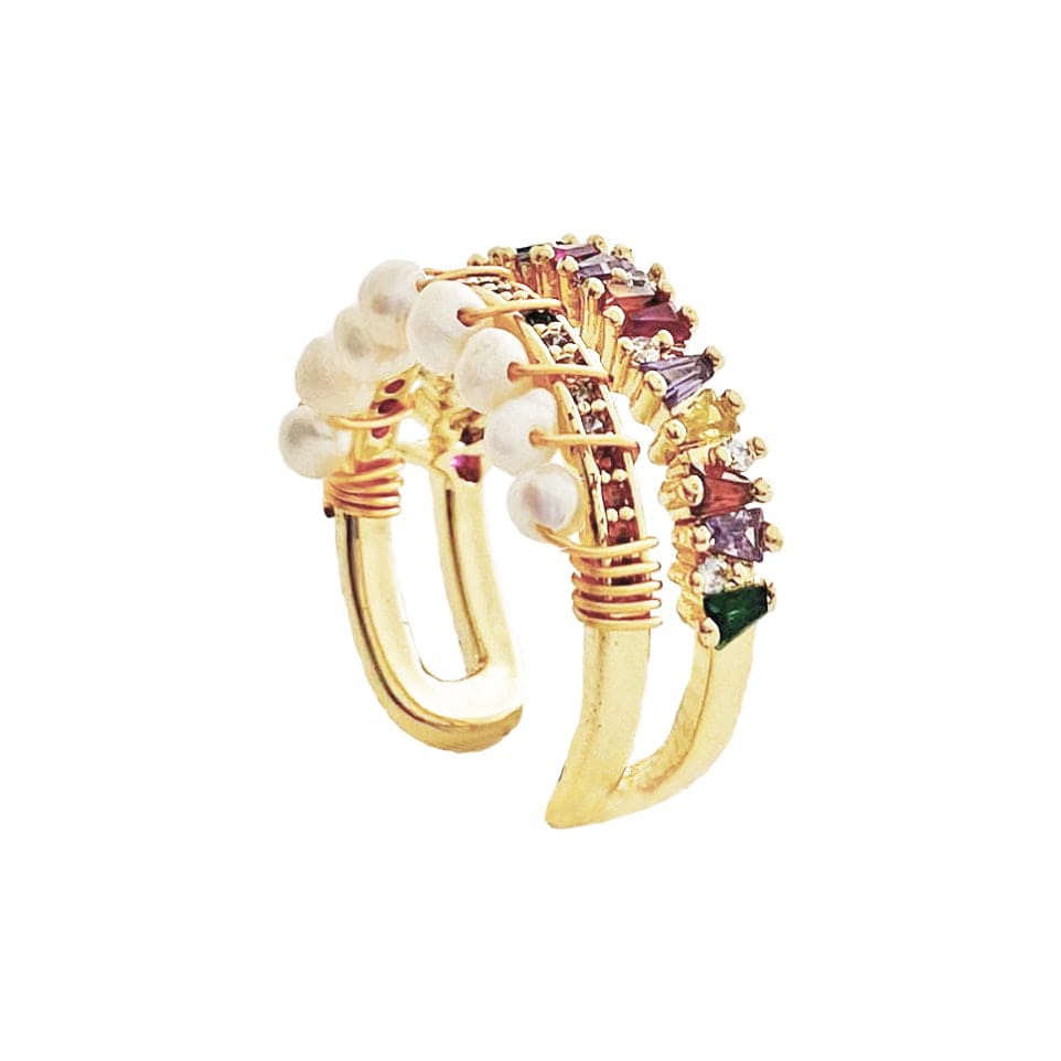 Golden Ring w/ Freshwater Pearls & Colorful Crystals