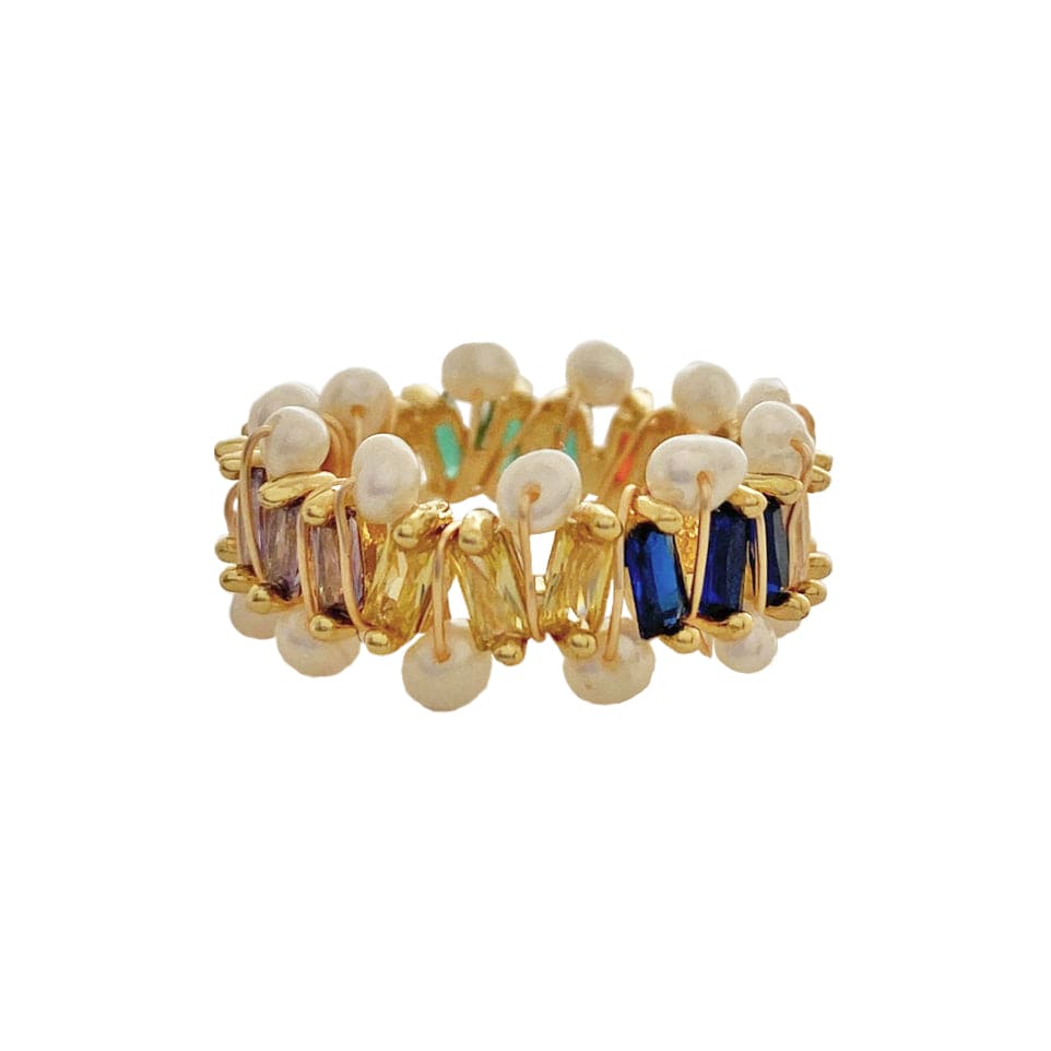Baroque Pearls Golden Ring w/  Colorful Crystals