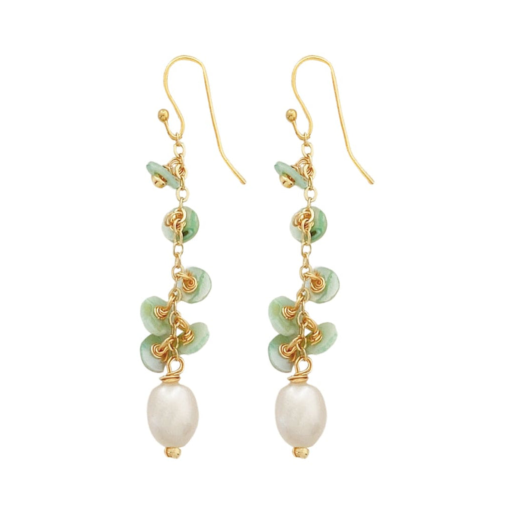 Golden Earrings w/ Baroque Pearl & Light Green Stones