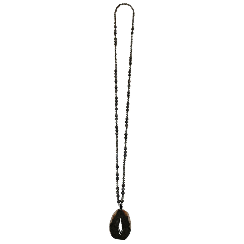 Black Beads Necklace w/ Black Stone