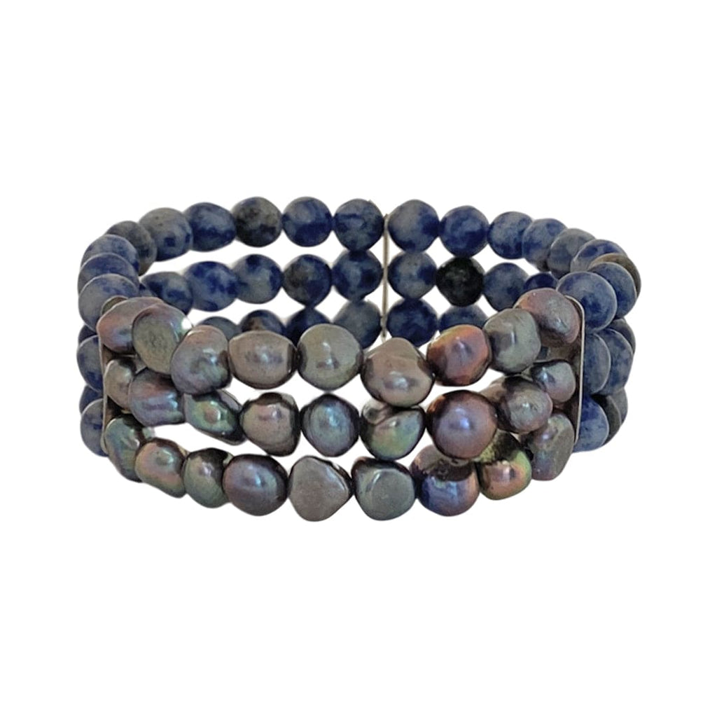 3 Rows Blue Stone Bracelet w/ Blue Freshwater Pearl