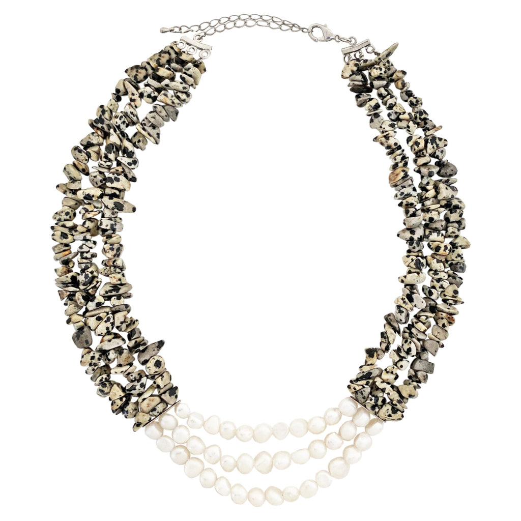 Three Rows Stone Necklace w/ Baroque Pearls