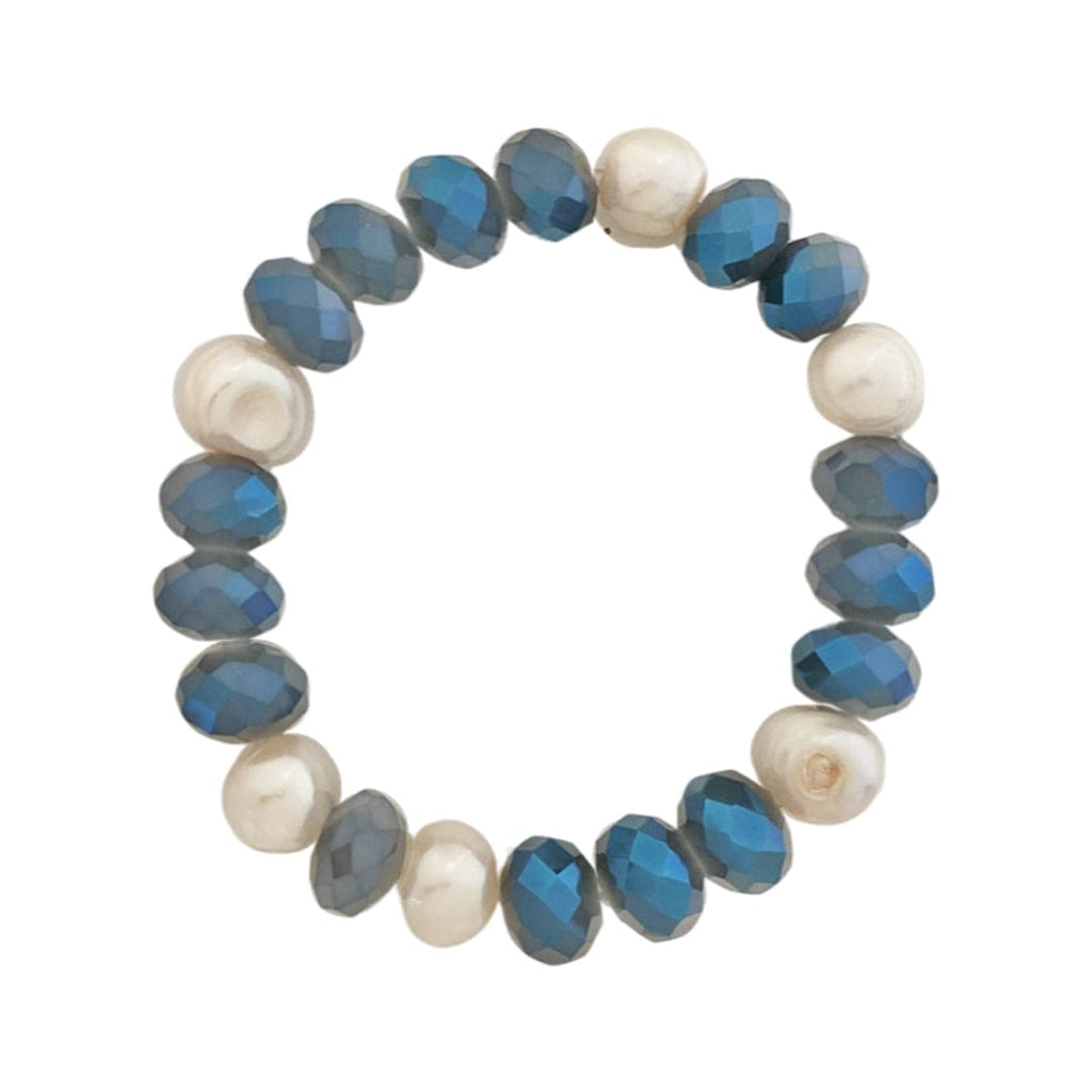 Blue Glass Beads Bracelet w/ Baroque Pearls
