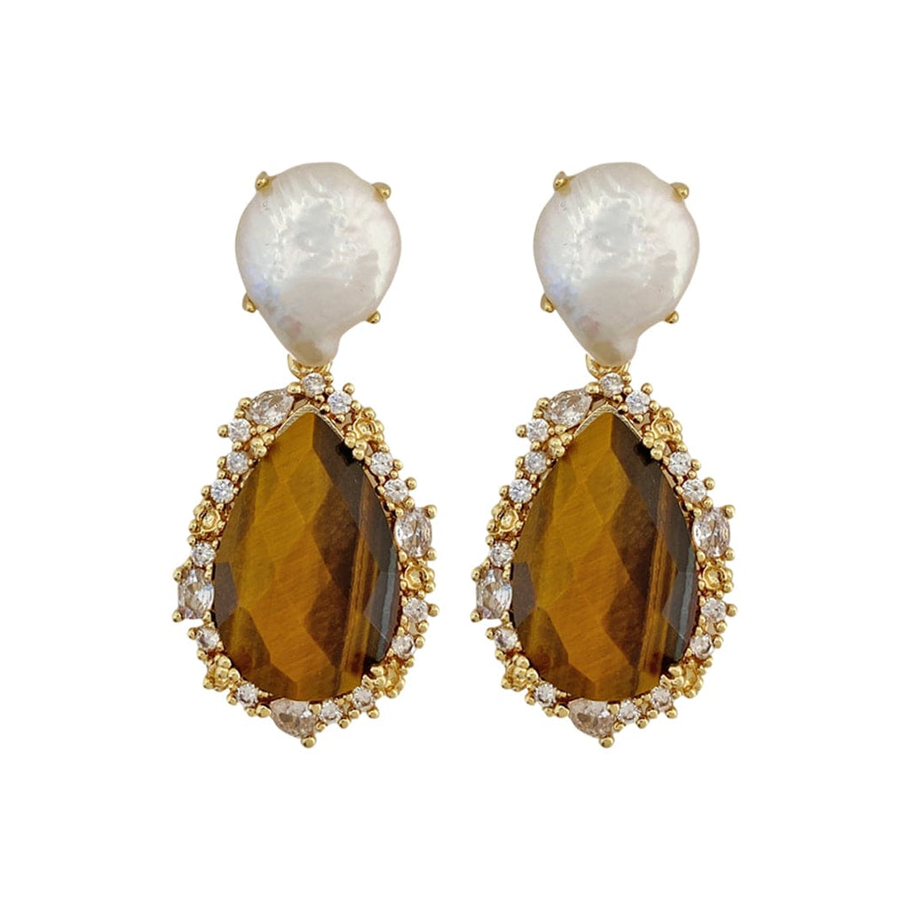 Gold Plated Earrings w/ Brown Natural Stone w/ Freshwater Pearl & Crystals