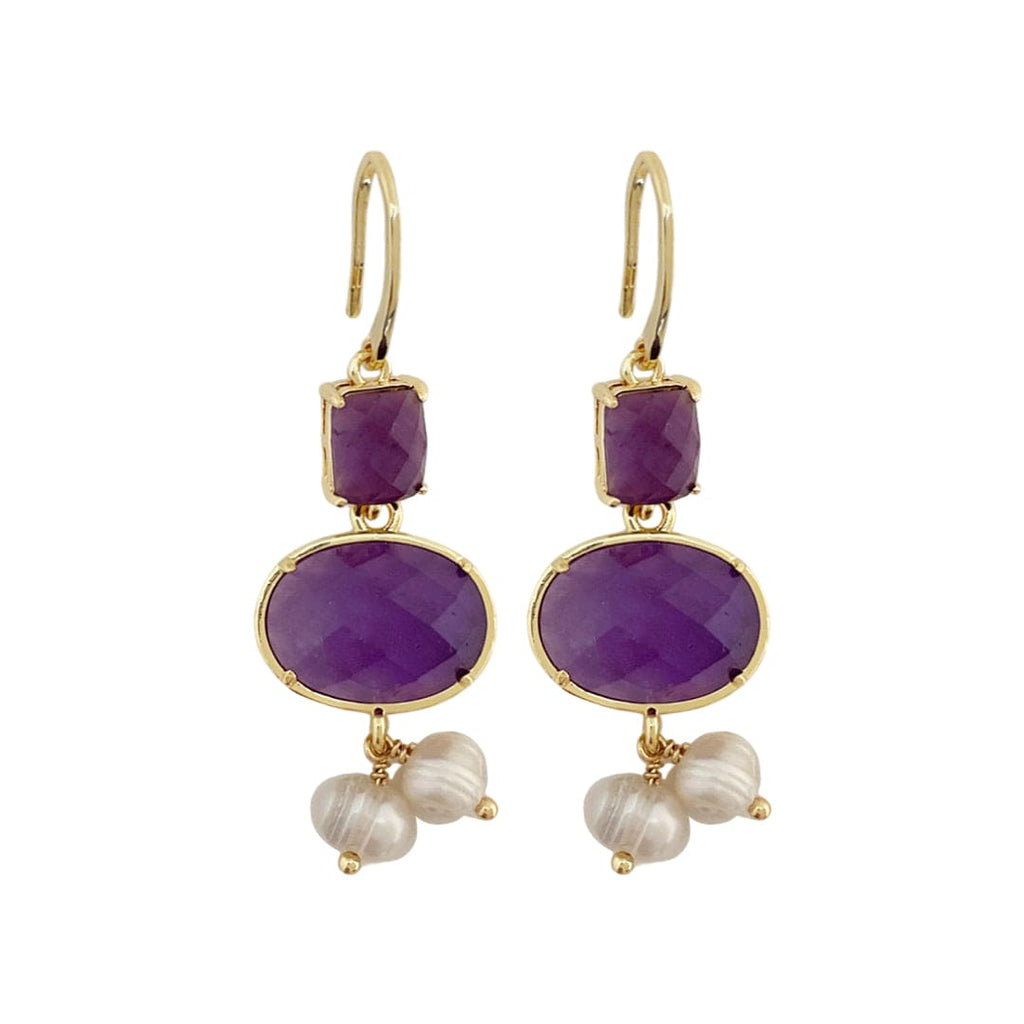 Gold Plated Earrings w/ Purple Natural Stone & Baroque Pearls