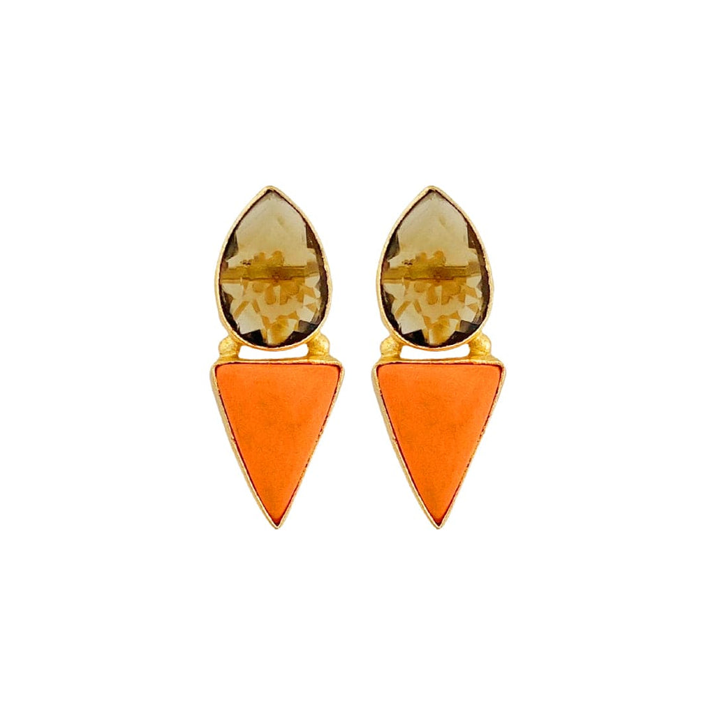 Golden Earrings w/Brown Crystal & Orange Stone