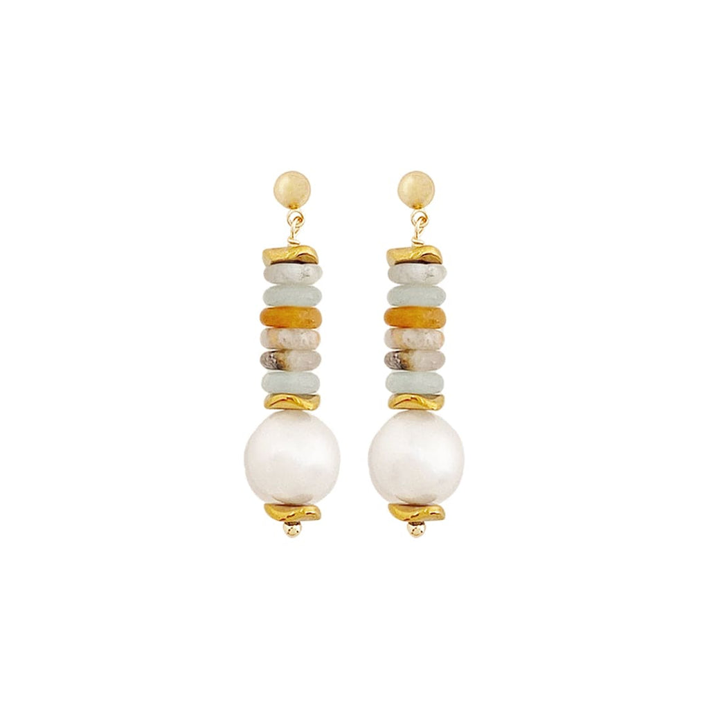 Gold Plated Earrings w/ Amazone Stones & Freshwater Pearl