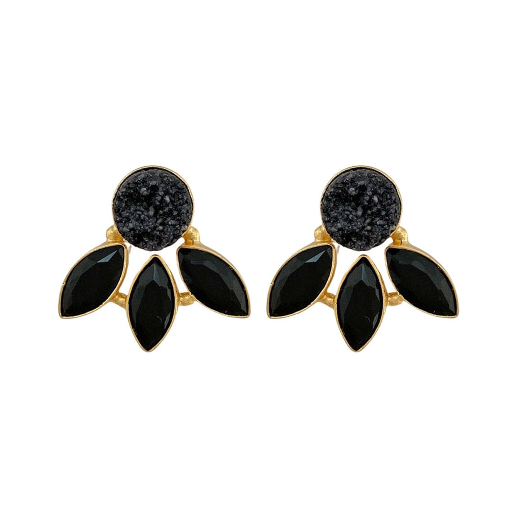 Golden Earrings w/ Black Druzy Stone & Black Onyx