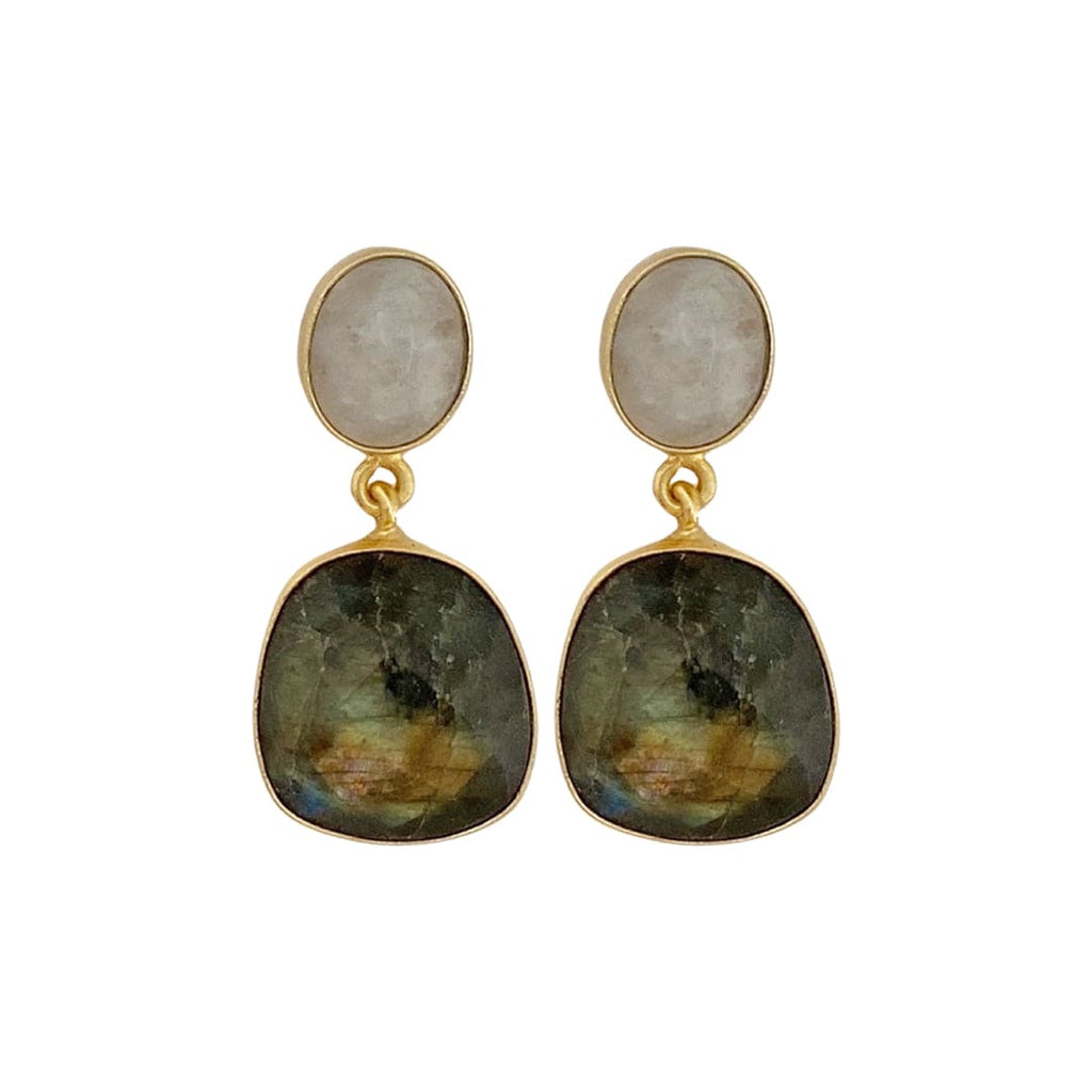 Golden Earrings w/ White Rainbow Stone & Labradorite