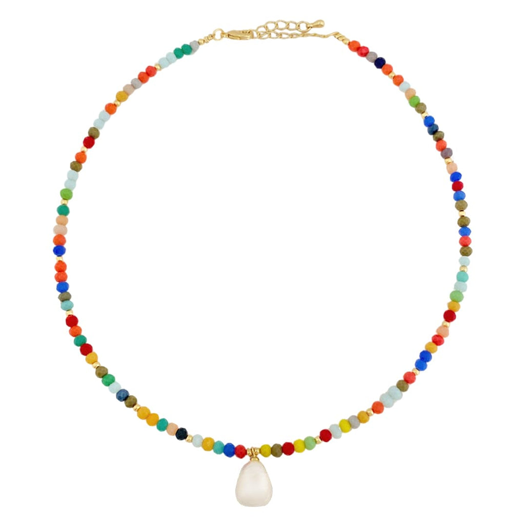 Gold Plated Necklace w/ Glass Beads & Freshwater Pearl