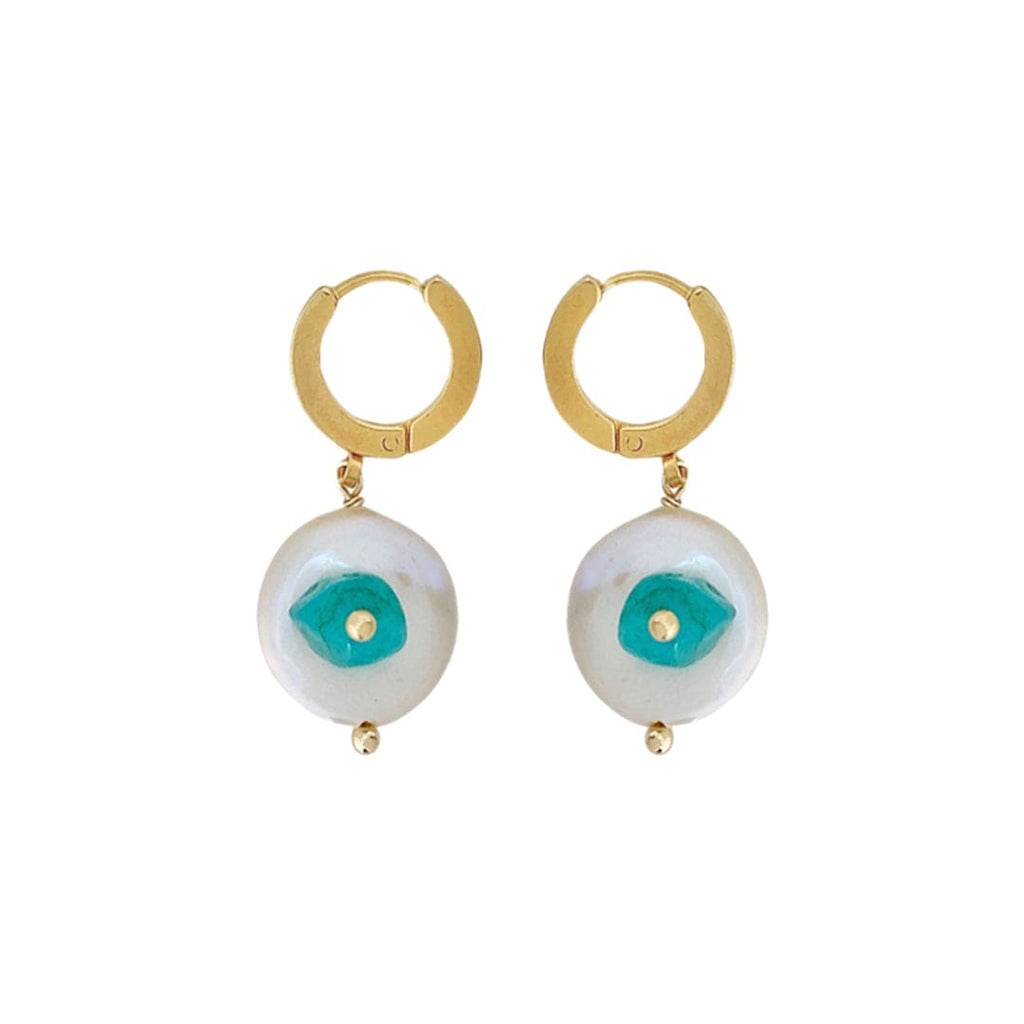 Golden Earrings w/ Mother of Pearl & Blue Natural Stone