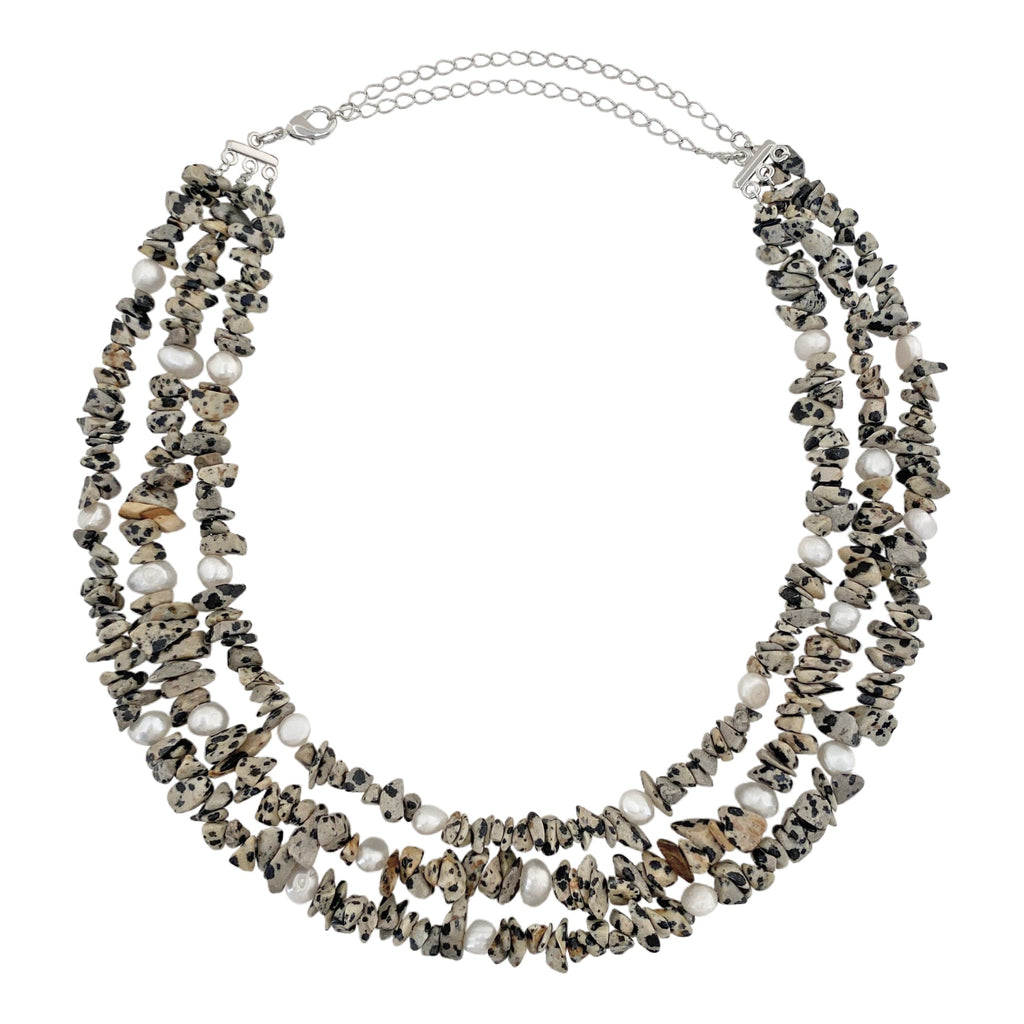 Silver Plated Necklace w/ Speckled Stones & Freshwater Pearls