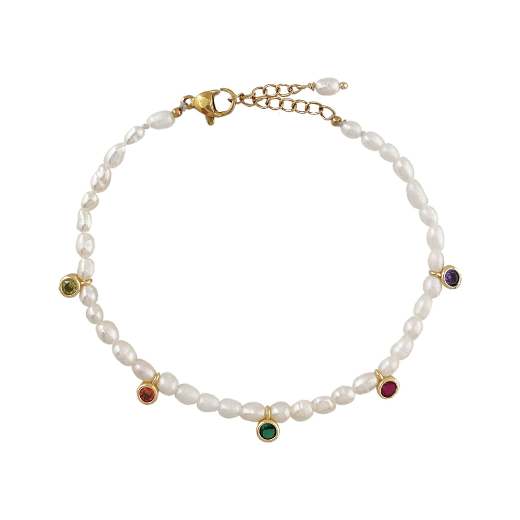 Golden Bracelet w/ Freshwater Pearls & Glass Crystals