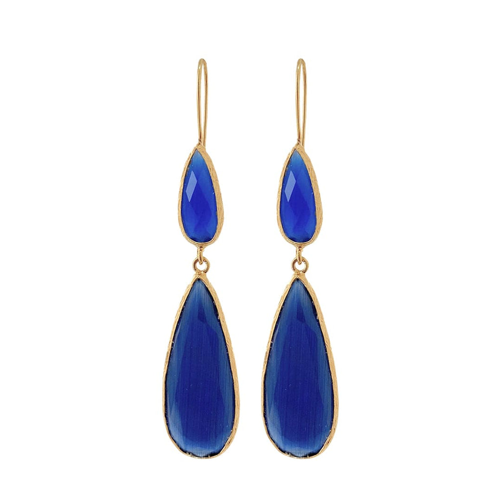 Golden Earrings w/ Blue Glass Crystal