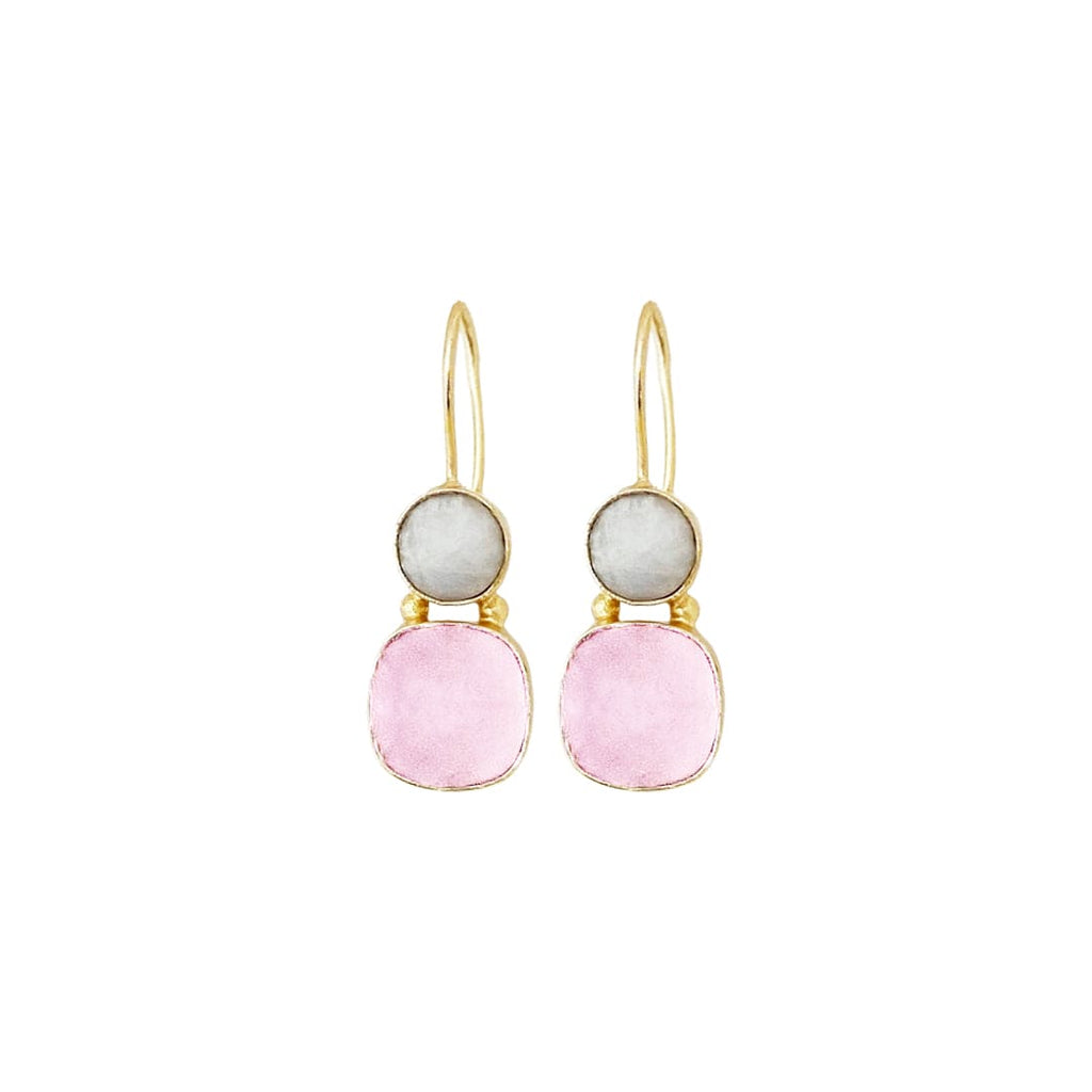 Golden Earrings w/ White Rainbow Stone & Pink Chalcedony
