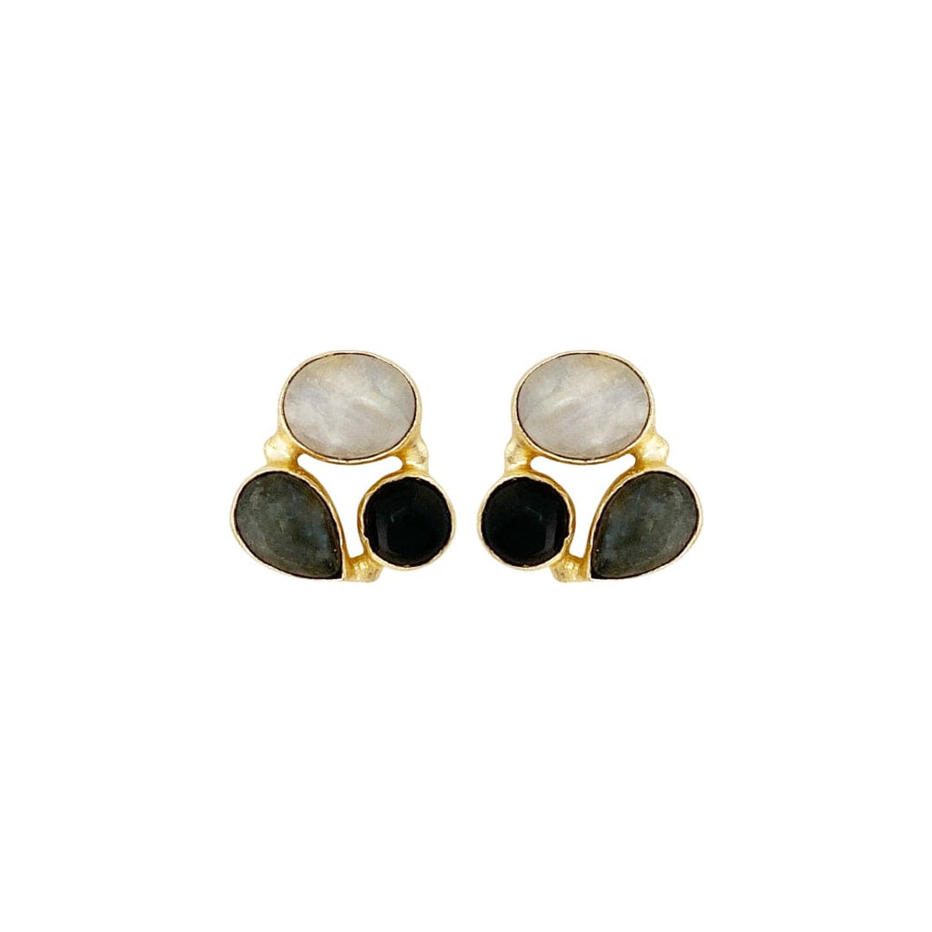 Golden Earrings w/ Labradorite & Black Onyx & White Raimbow Stone