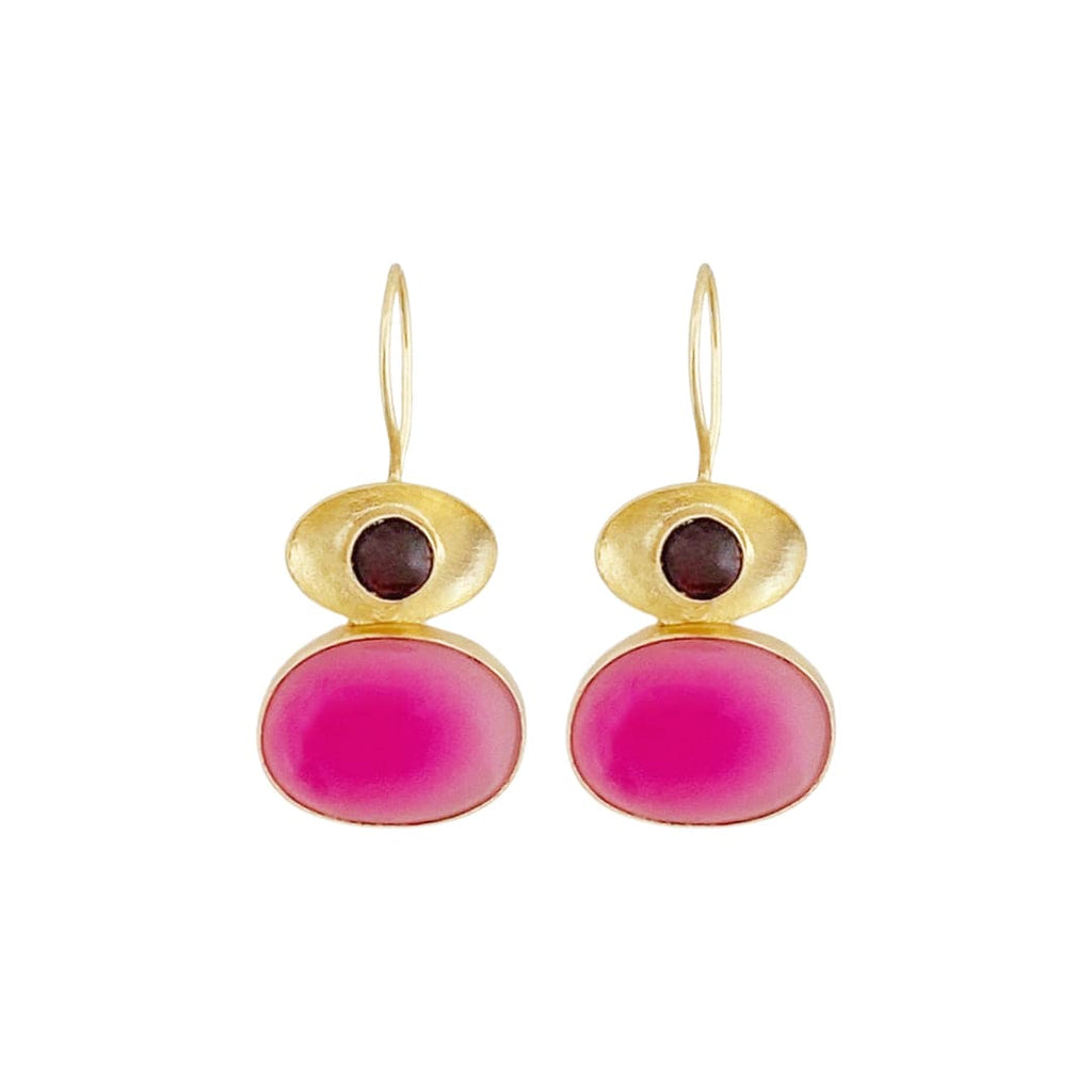 Golden Earrings w/Red Quartz & Pink Stone