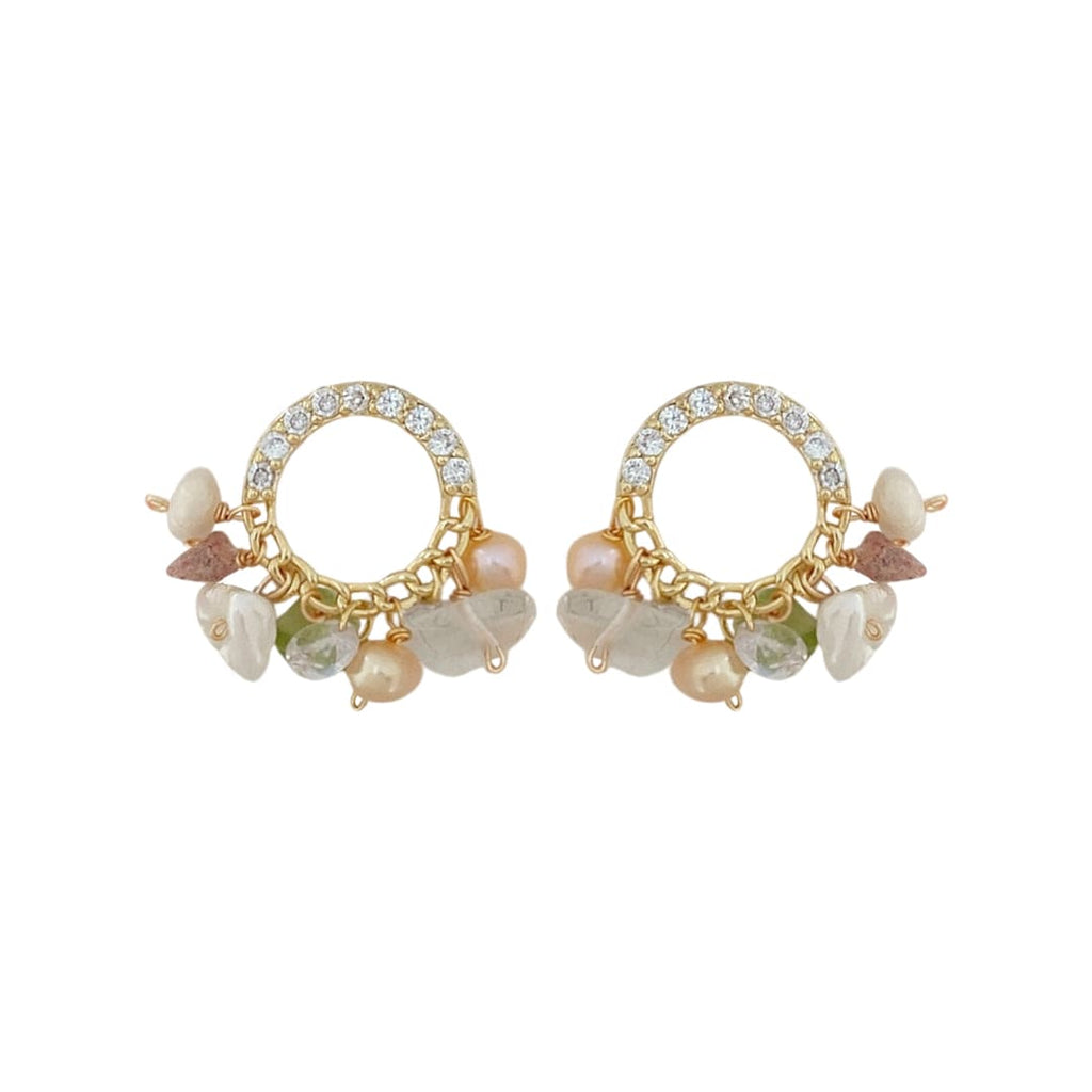 Golden Earrings w/ Freshwater Pearls & Crystals & Quartz