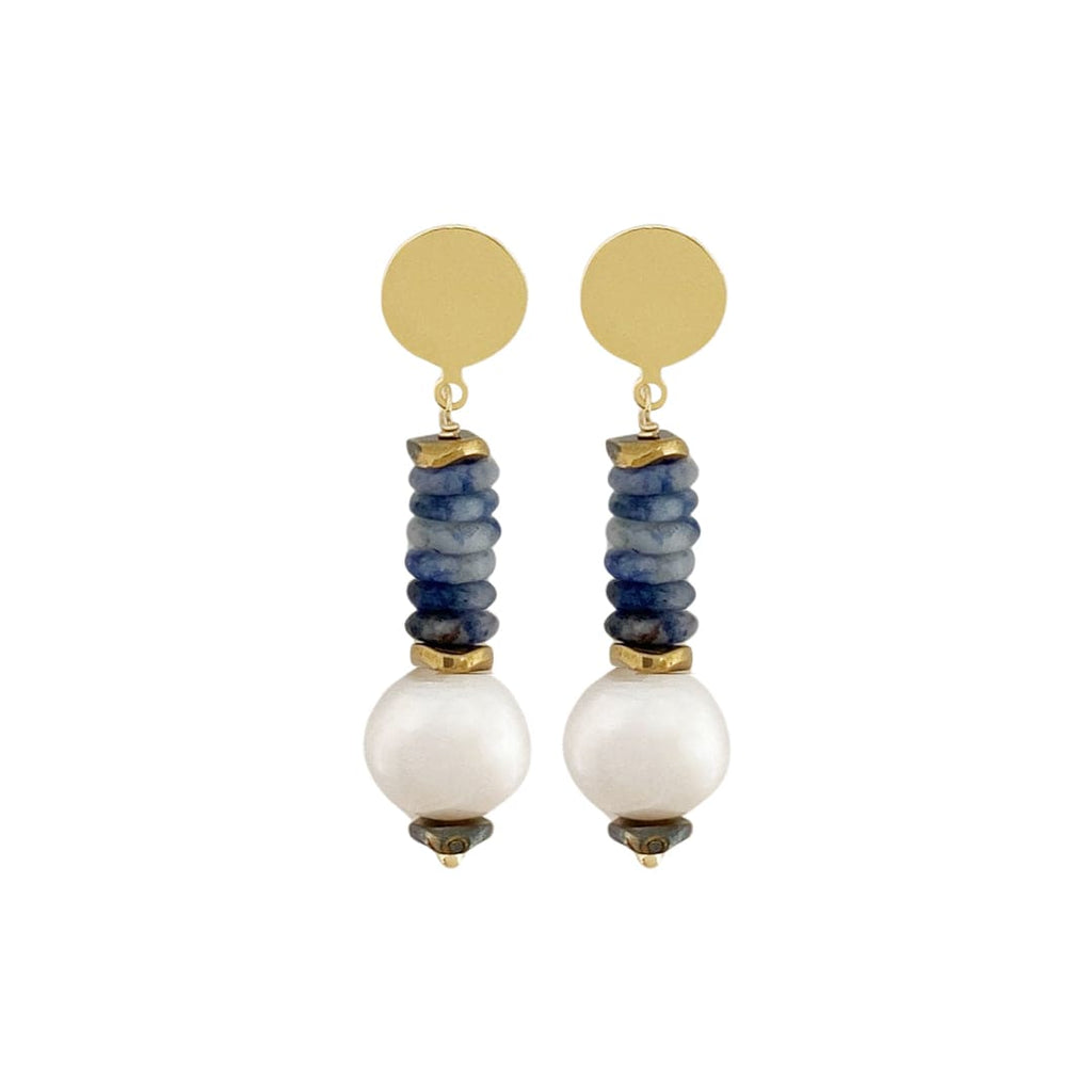 Golden Earrings w/ Freshwater Pearls & Blue Stones
