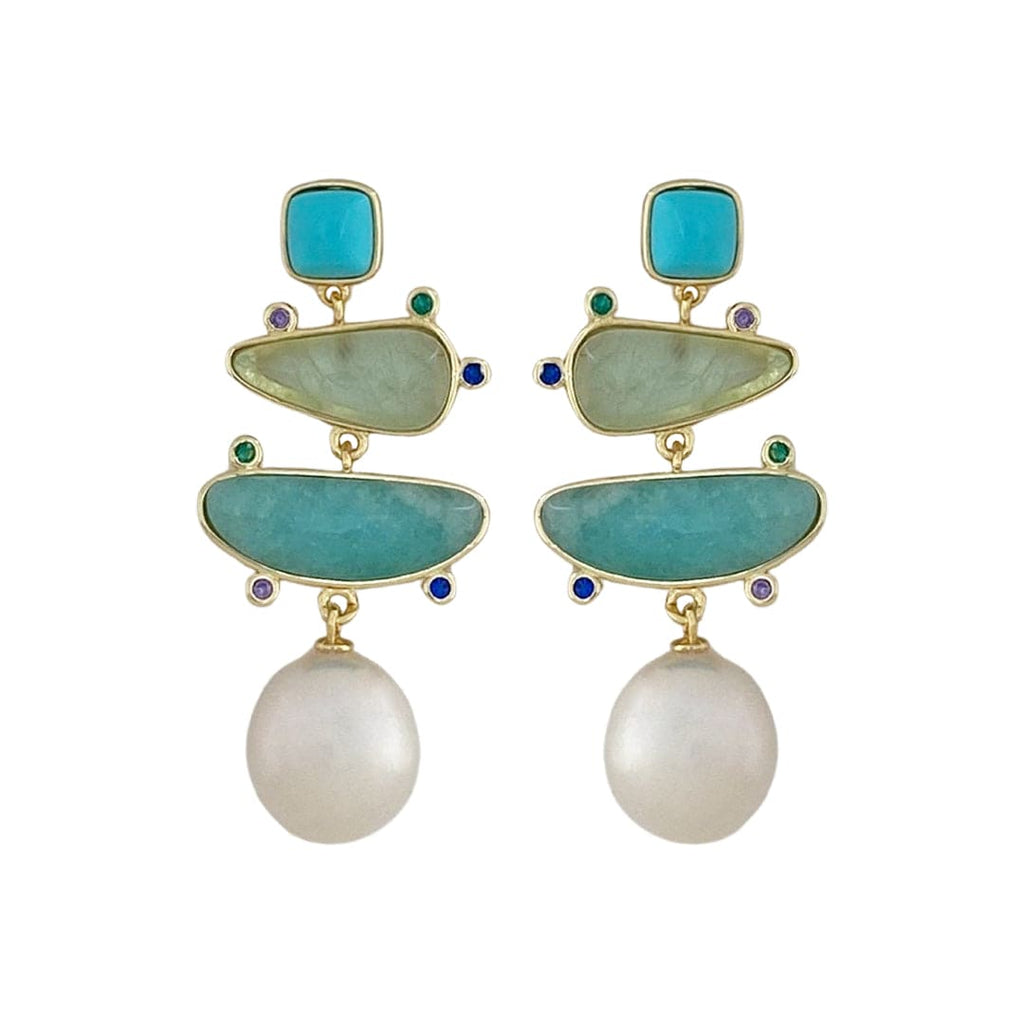 Golden Earrings w/ Freshwater Pearls & Crystals & Quartz