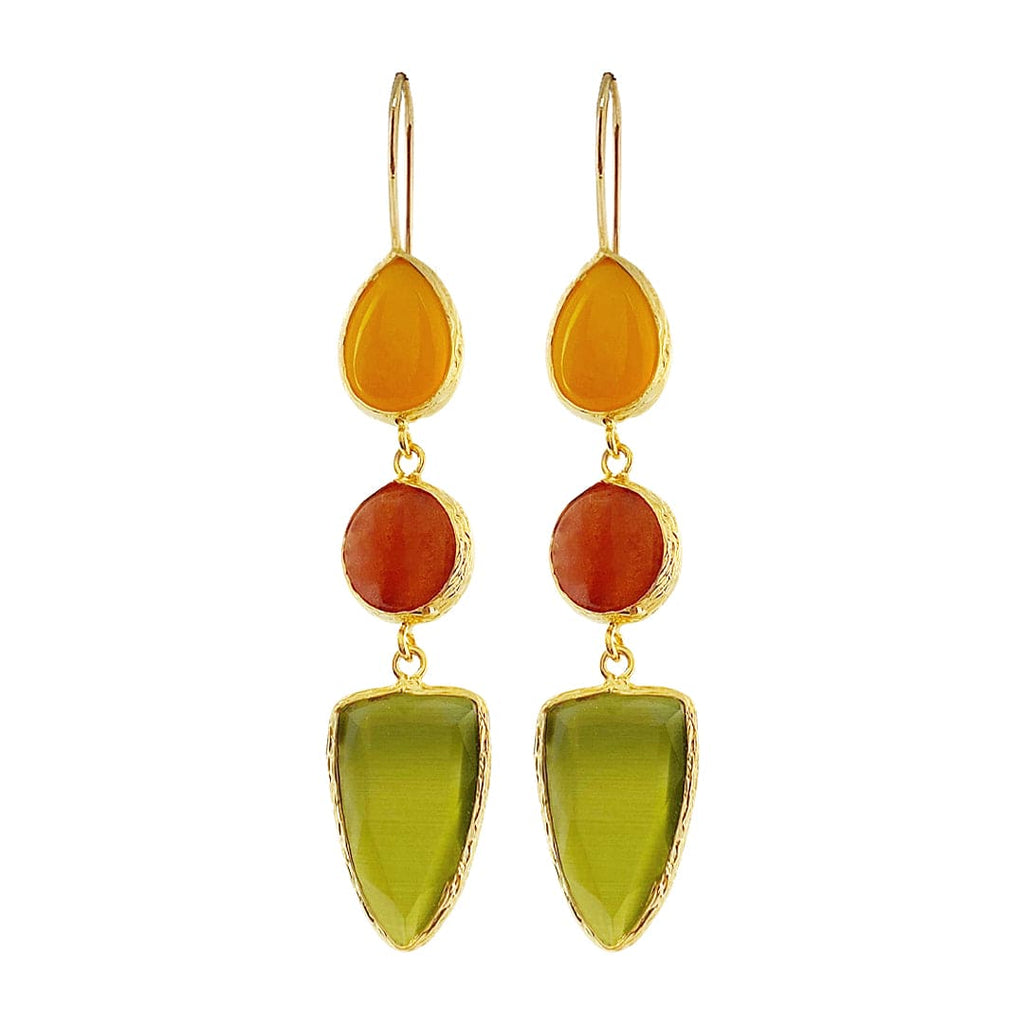 Golden Earrings w/ Natural Stone & Green Glass Crystal