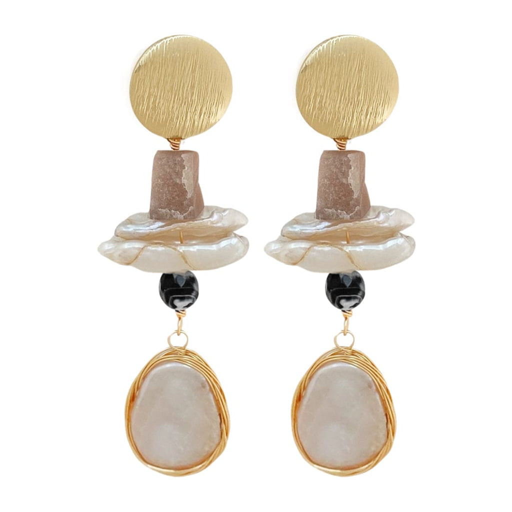 Golden Earrings w/ Freshwater Pearls & Glass Crystals & Quartz