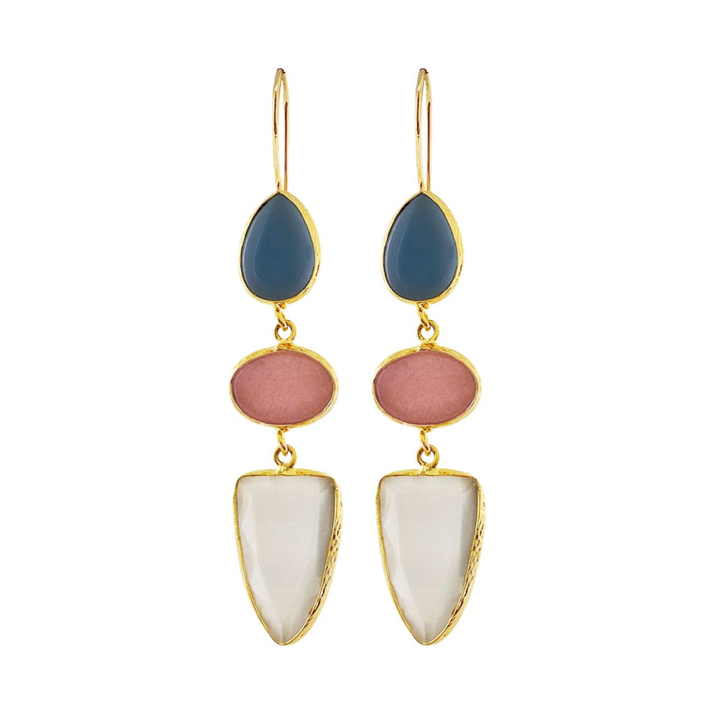 Golden Earrings w/ Natural Stone & White Glass Crystal