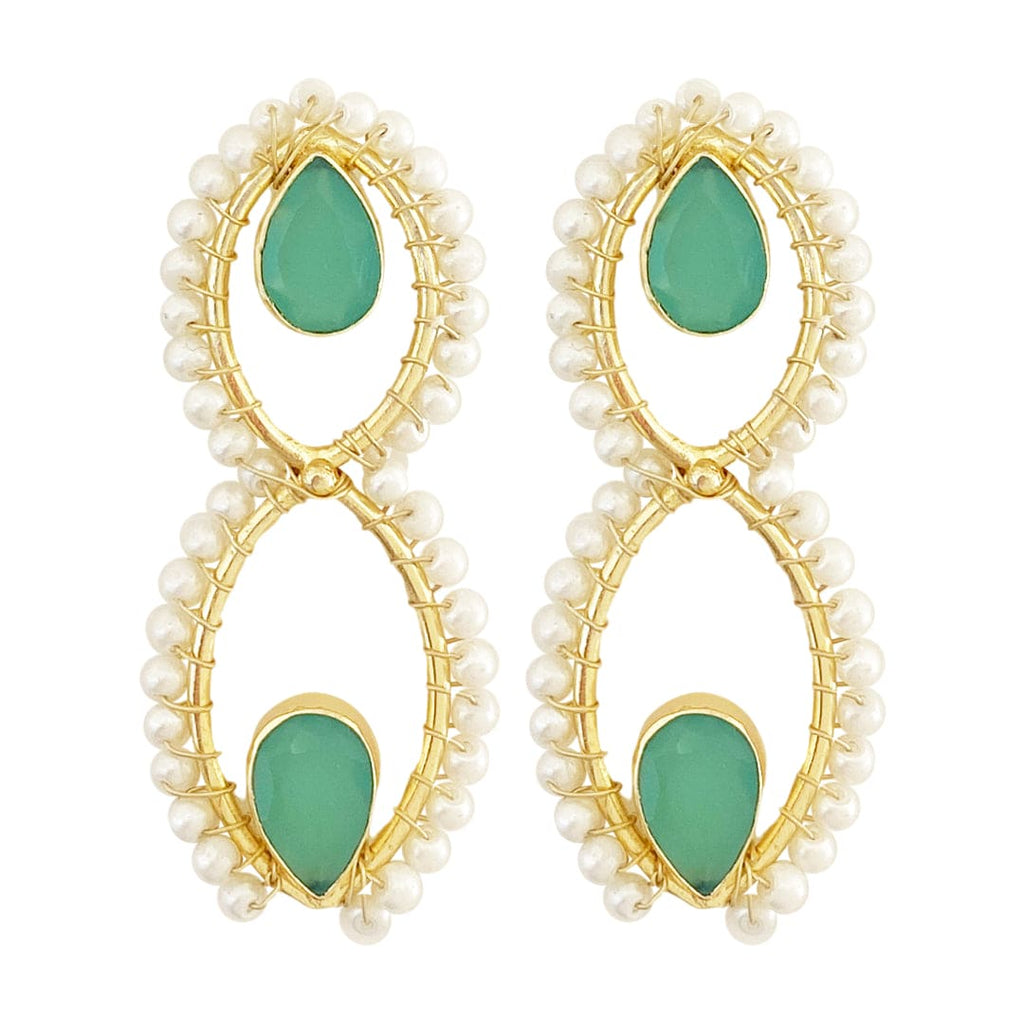 Golden Earrings w/ Light Green Chalcedony & Pearls