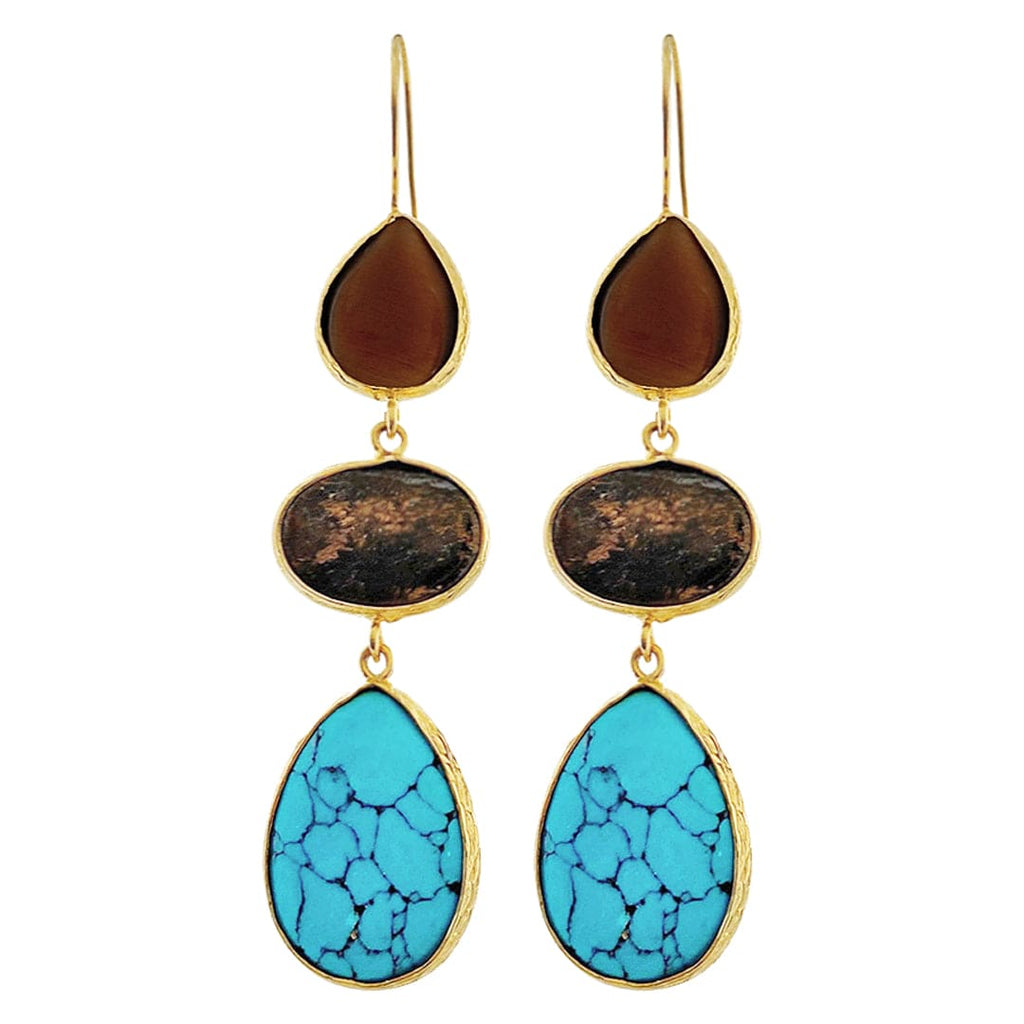 Golden Earrings w/ Brown & Turquoise Natural Stone