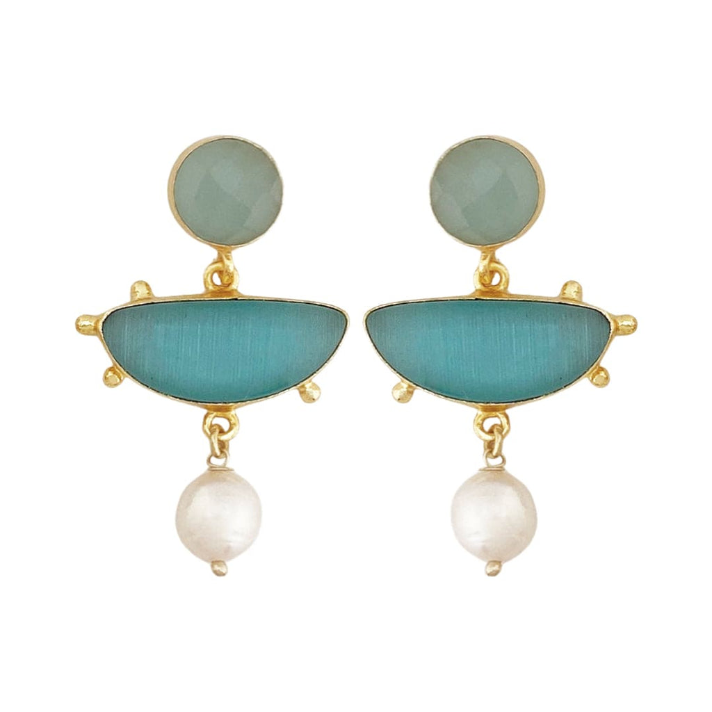 Golden Earrings w/ Light Blue Chalcedony & Pearl