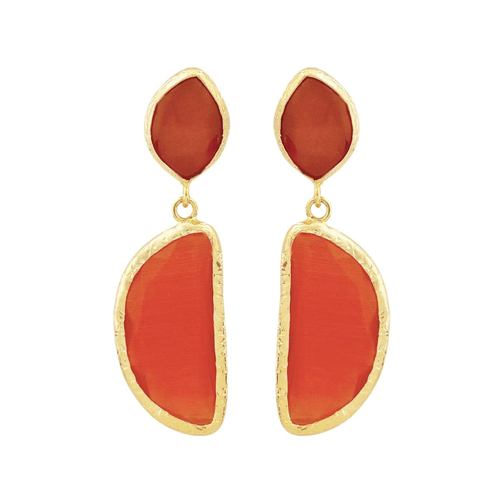 Golden Earrings w/ Natural Stone & Orange Glass Crystal