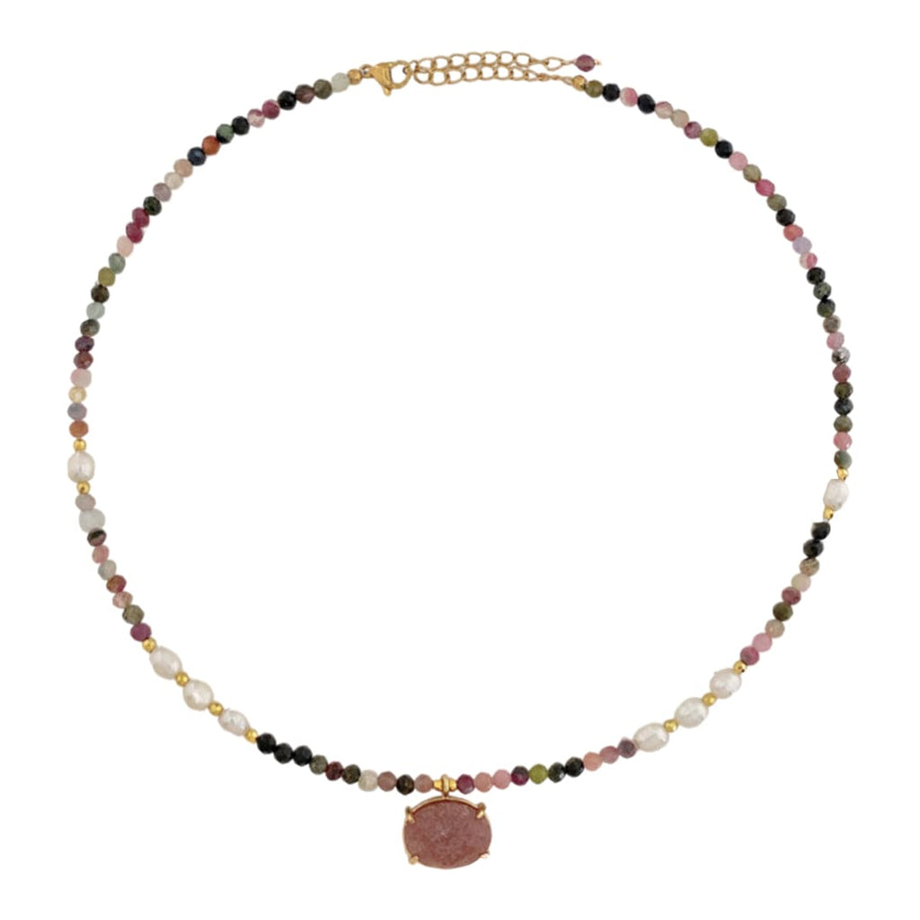 Golden Necklace w/ Freshwater Pearls & Tourmaline