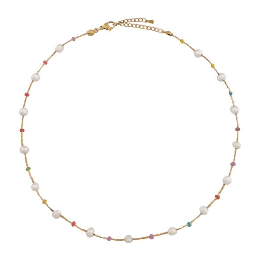 Golden Necklace w/ Freshwater Pearls & Glaze Stones