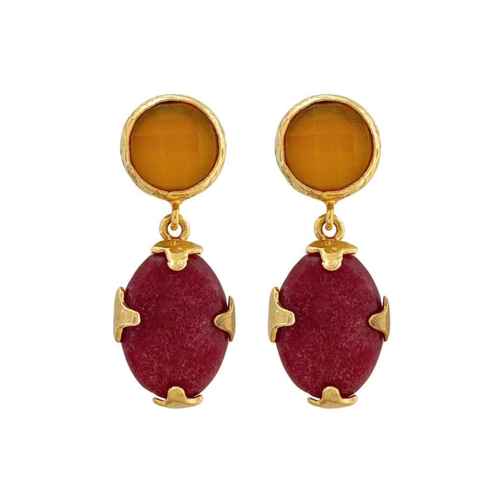 Golden Earrings w/ Natural Stone & Orange Glass Crystal